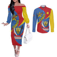 Congo-Kinshasa Couples Matching Off The Shoulder Long Sleeve Dress and Long Sleeve Button Shirt 65th Anniversary Of Independence