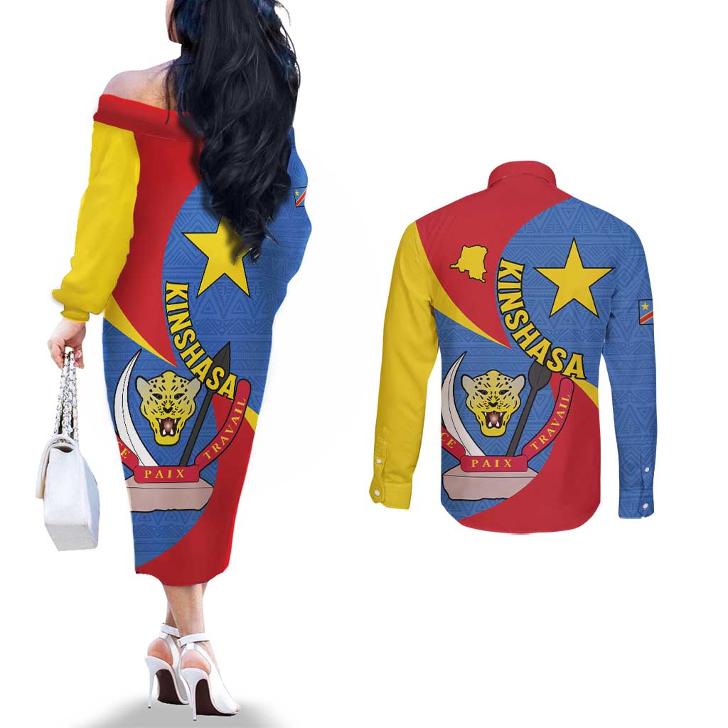 Congo-Kinshasa Couples Matching Off The Shoulder Long Sleeve Dress and Long Sleeve Button Shirt 65th Anniversary Of Independence