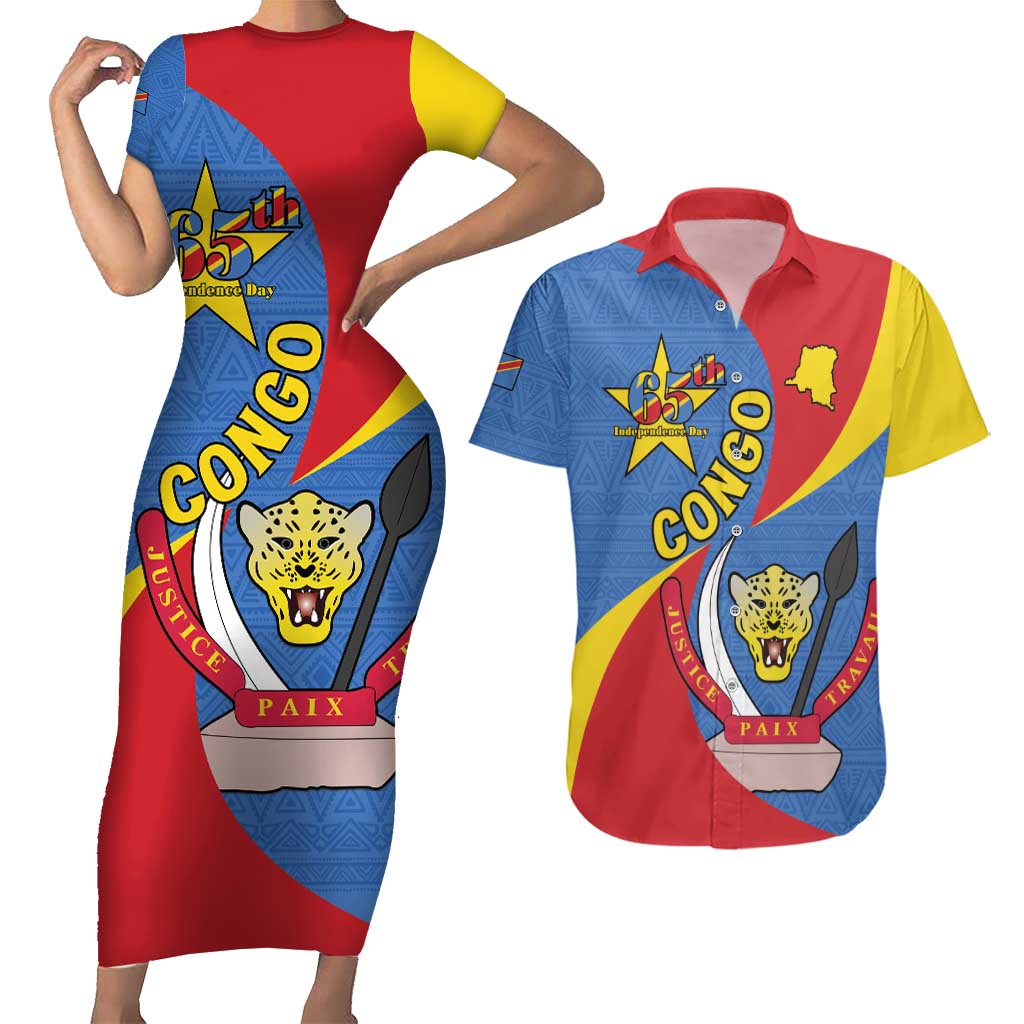 Congo-Kinshasa Couples Matching Short Sleeve Bodycon Dress and Hawaiian Shirt 65th Anniversary Of Independence