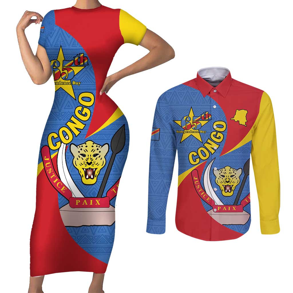 Congo-Kinshasa Couples Matching Short Sleeve Bodycon Dress and Long Sleeve Button Shirt 65th Anniversary Of Independence