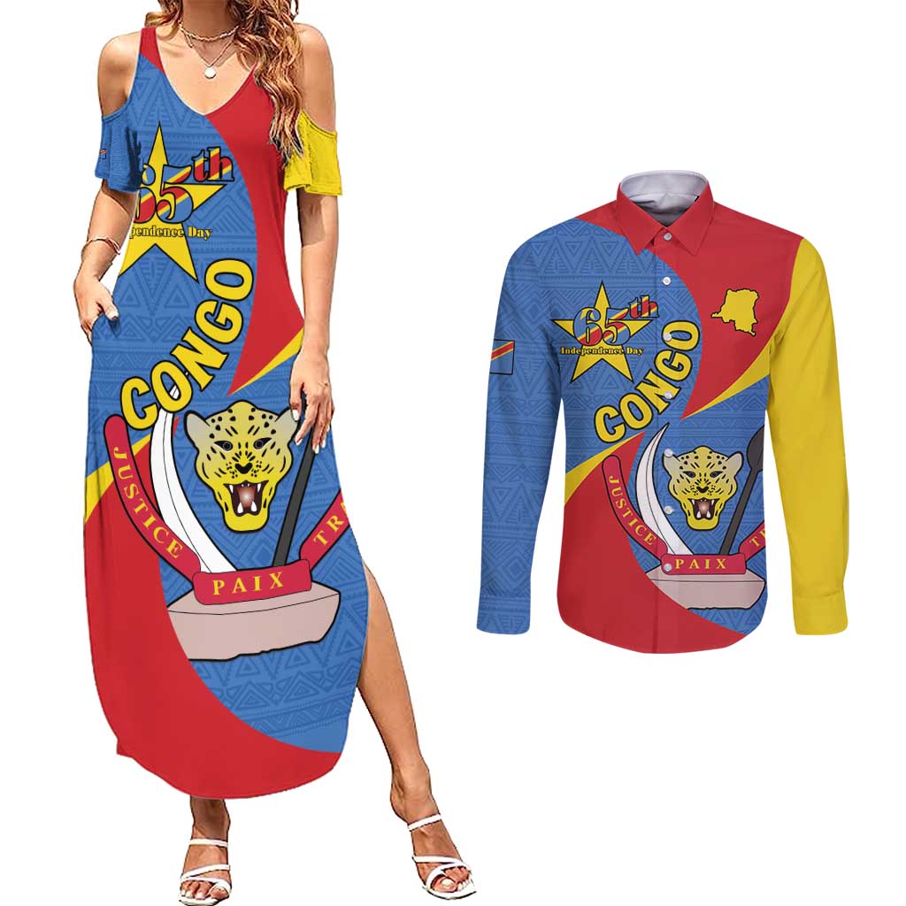 Congo-Kinshasa Couples Matching Summer Maxi Dress and Long Sleeve Button Shirt 65th Anniversary Of Independence