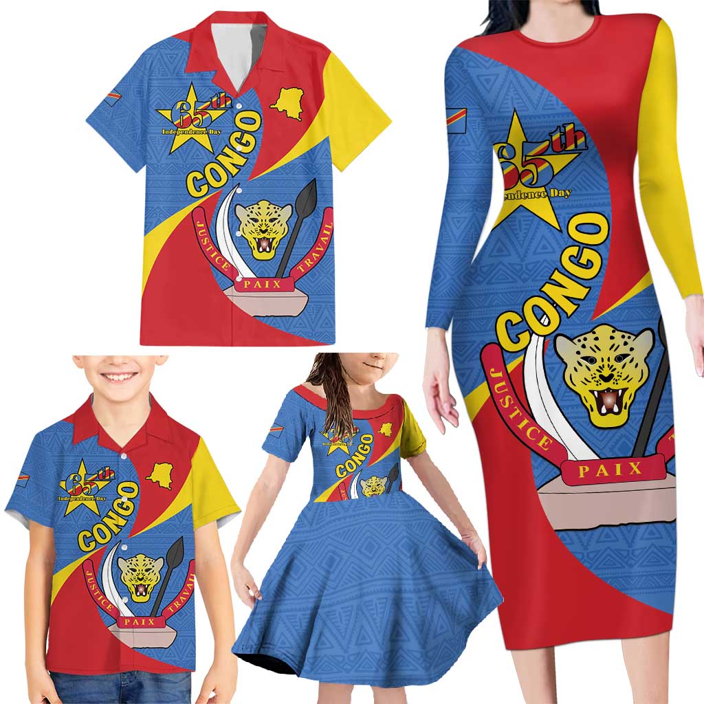 Congo-Kinshasa Family Matching Long Sleeve Bodycon Dress and Hawaiian Shirt 65th Anniversary Of Independence