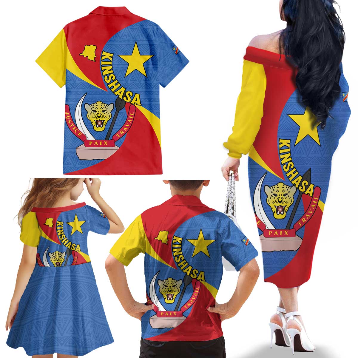 Congo-Kinshasa Family Matching Off The Shoulder Long Sleeve Dress and Hawaiian Shirt 65th Anniversary Of Independence