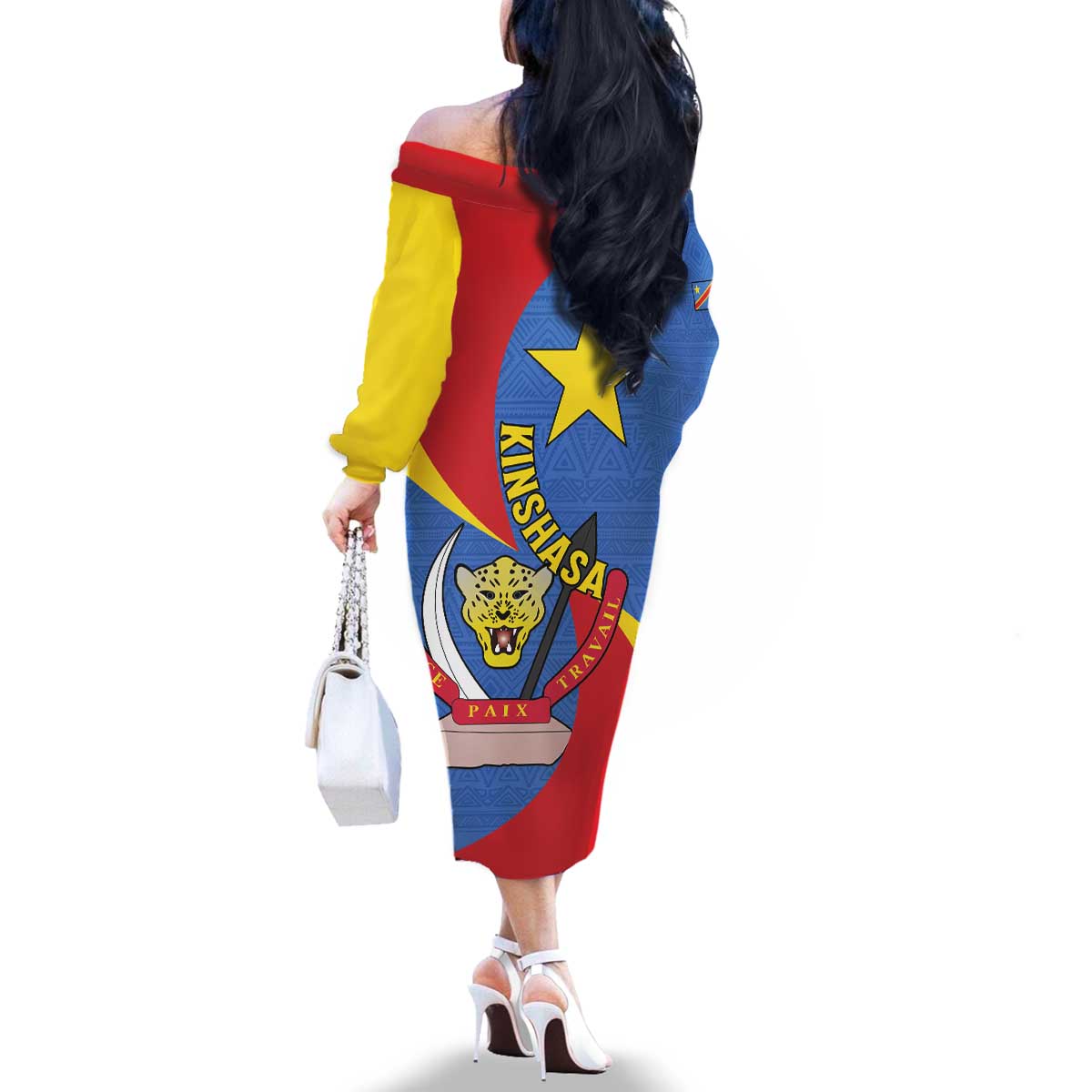 Congo-Kinshasa Family Matching Off The Shoulder Long Sleeve Dress and Hawaiian Shirt 65th Anniversary Of Independence