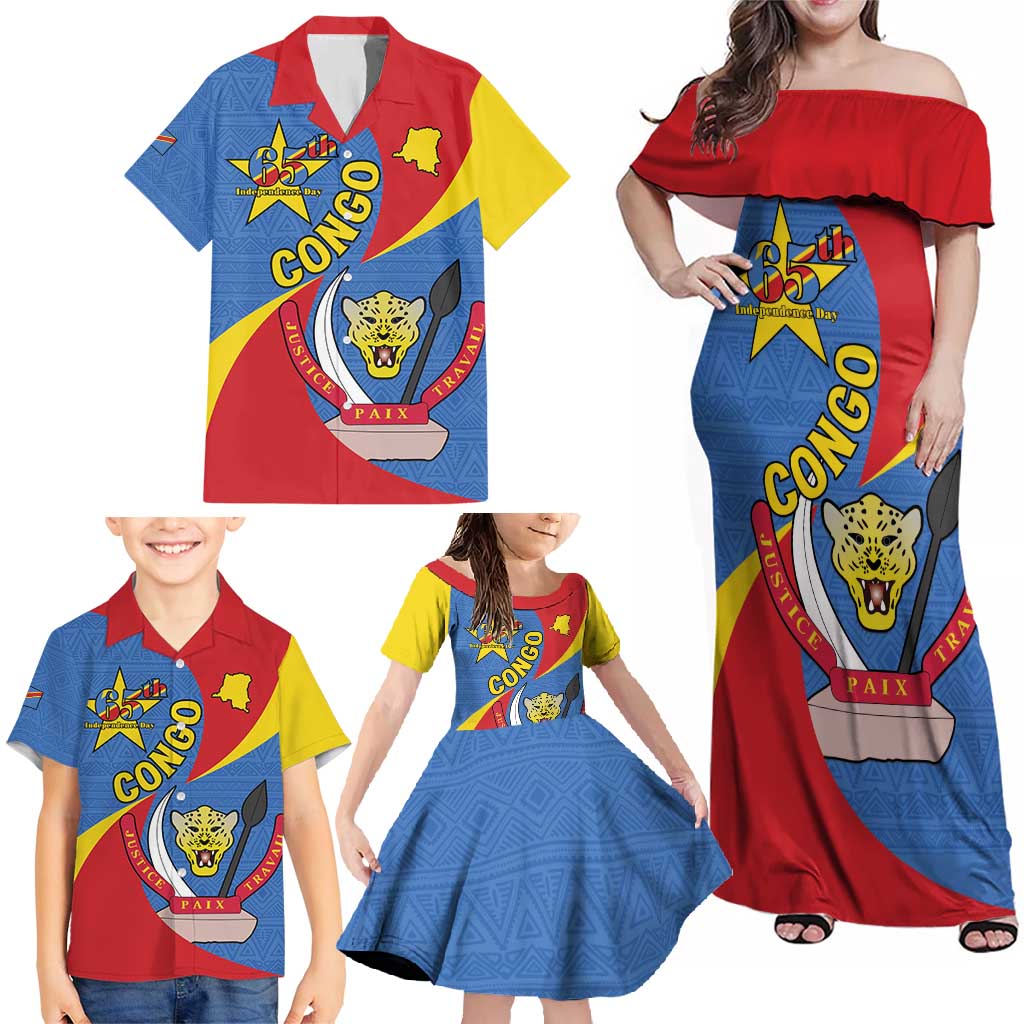 Congo-Kinshasa Family Matching Off Shoulder Maxi Dress and Hawaiian Shirt 65th Anniversary Of Independence