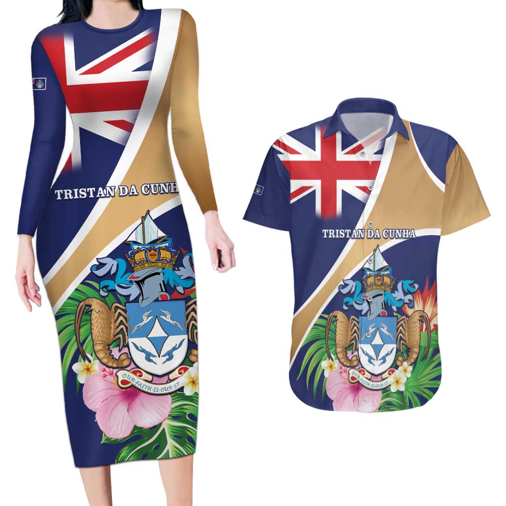 Personalized Tristan da Cunha Couples Matching Long Sleeve Bodycon Dress and Hawaiian Shirt Coat Of Arms - Flag Style