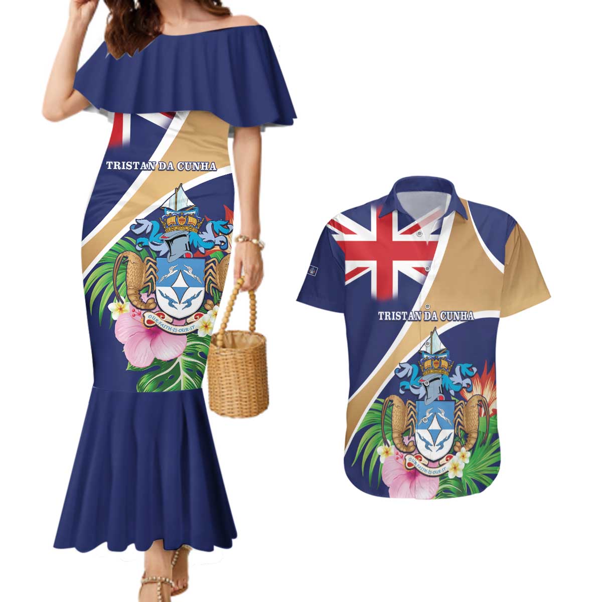 Personalized Tristan da Cunha Couples Matching Mermaid Dress and Hawaiian Shirt Coat Of Arms - Flag Style