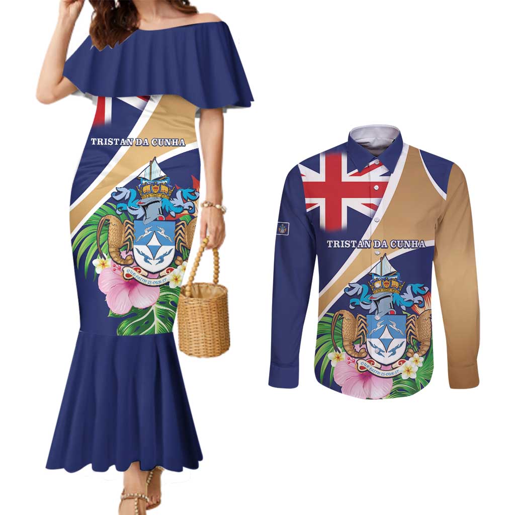 Personalized Tristan da Cunha Couples Matching Mermaid Dress and Long Sleeve Button Shirt Coat Of Arms - Flag Style