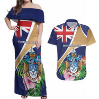 Personalized Tristan da Cunha Couples Matching Off Shoulder Maxi Dress and Hawaiian Shirt Coat Of Arms - Flag Style