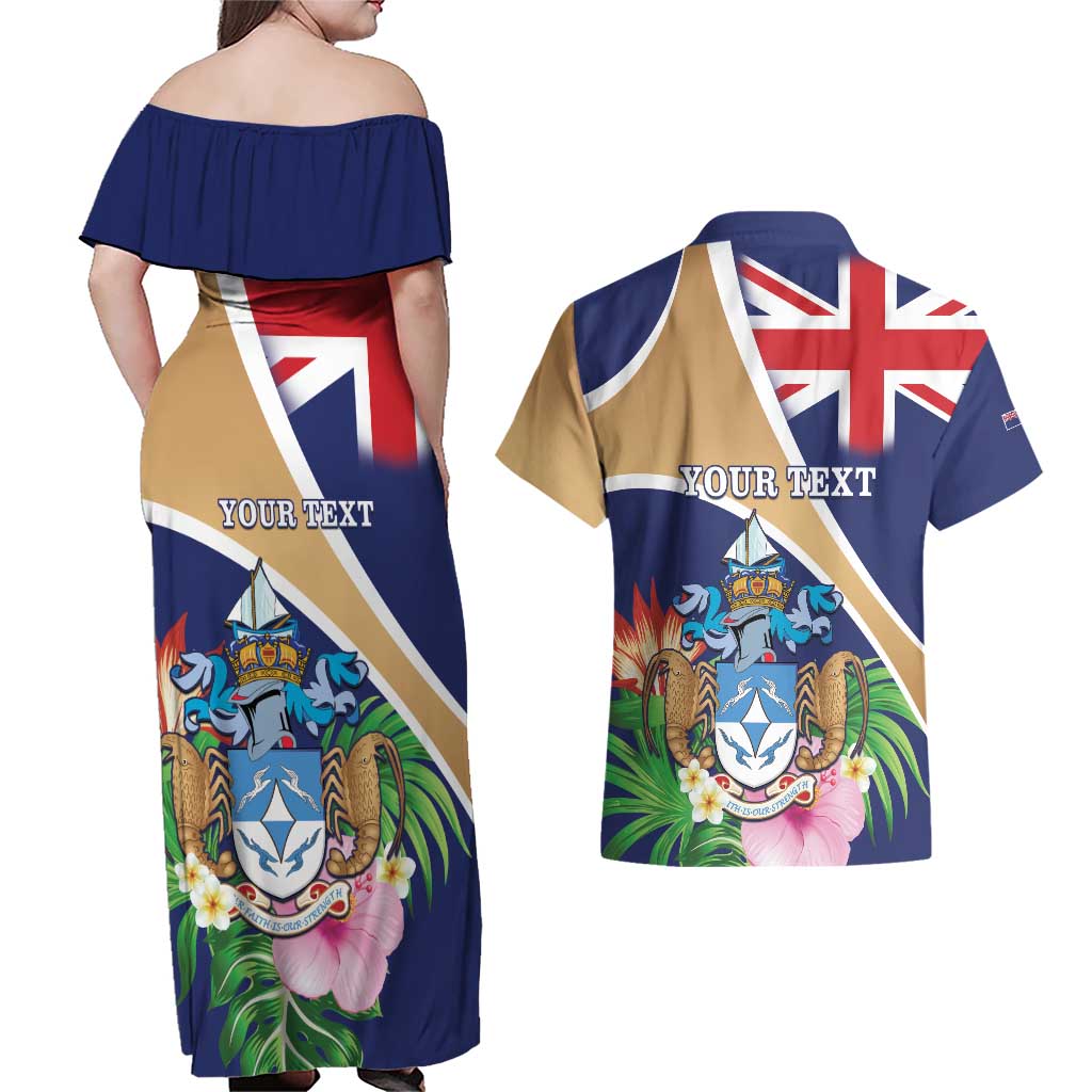 Personalized Tristan da Cunha Couples Matching Off Shoulder Maxi Dress and Hawaiian Shirt Coat Of Arms - Flag Style
