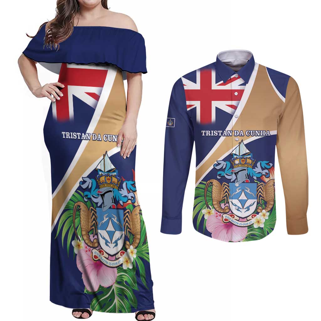 Personalized Tristan da Cunha Couples Matching Off Shoulder Maxi Dress and Long Sleeve Button Shirt Coat Of Arms - Flag Style