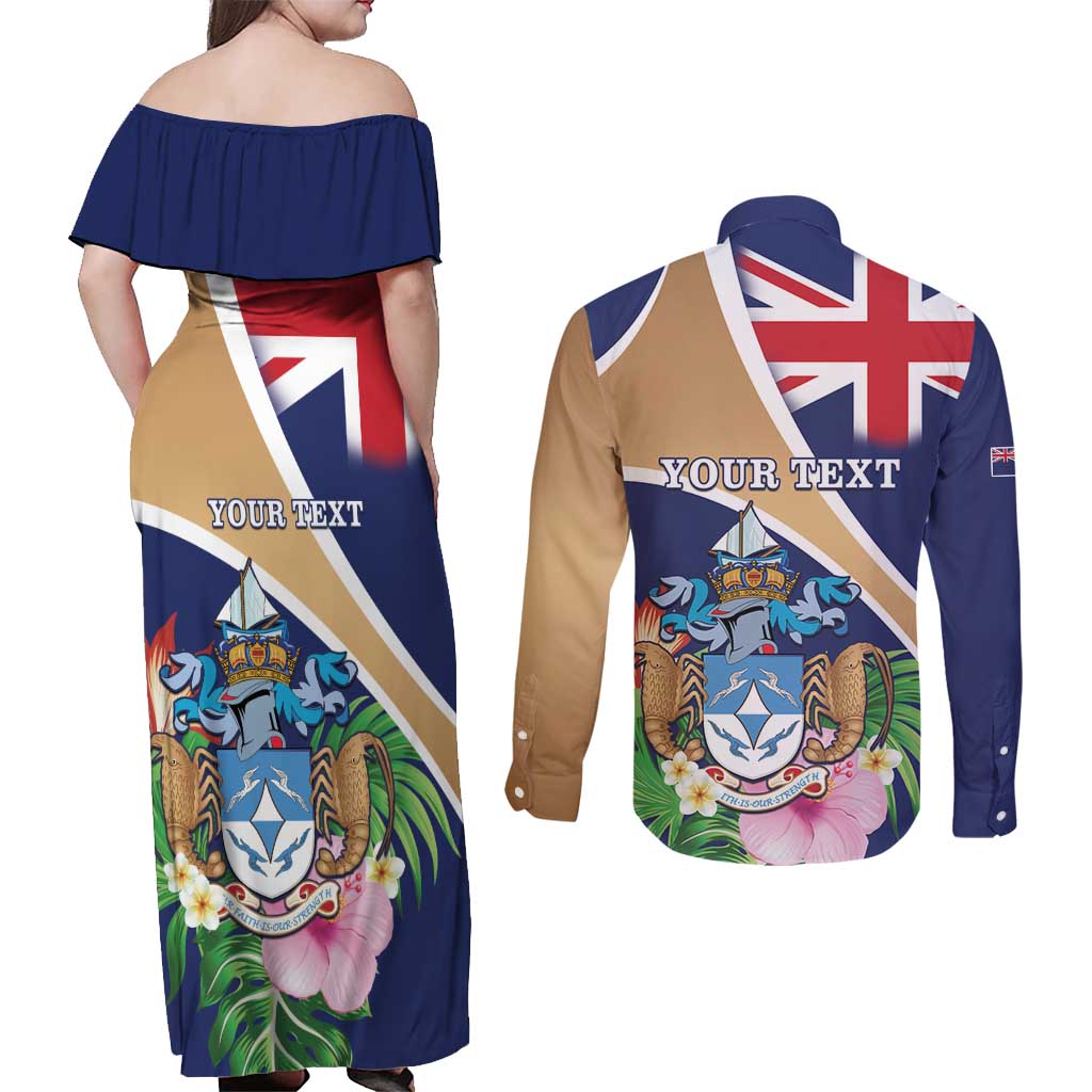 Personalized Tristan da Cunha Couples Matching Off Shoulder Maxi Dress and Long Sleeve Button Shirt Coat Of Arms - Flag Style