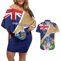 Personalized Tristan da Cunha Couples Matching Off Shoulder Short Dress and Hawaiian Shirt Coat Of Arms - Flag Style