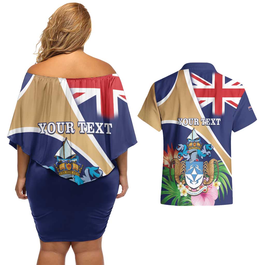 Personalized Tristan da Cunha Couples Matching Off Shoulder Short Dress and Hawaiian Shirt Coat Of Arms - Flag Style
