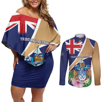 Personalized Tristan da Cunha Couples Matching Off Shoulder Short Dress and Long Sleeve Button Shirt Coat Of Arms - Flag Style