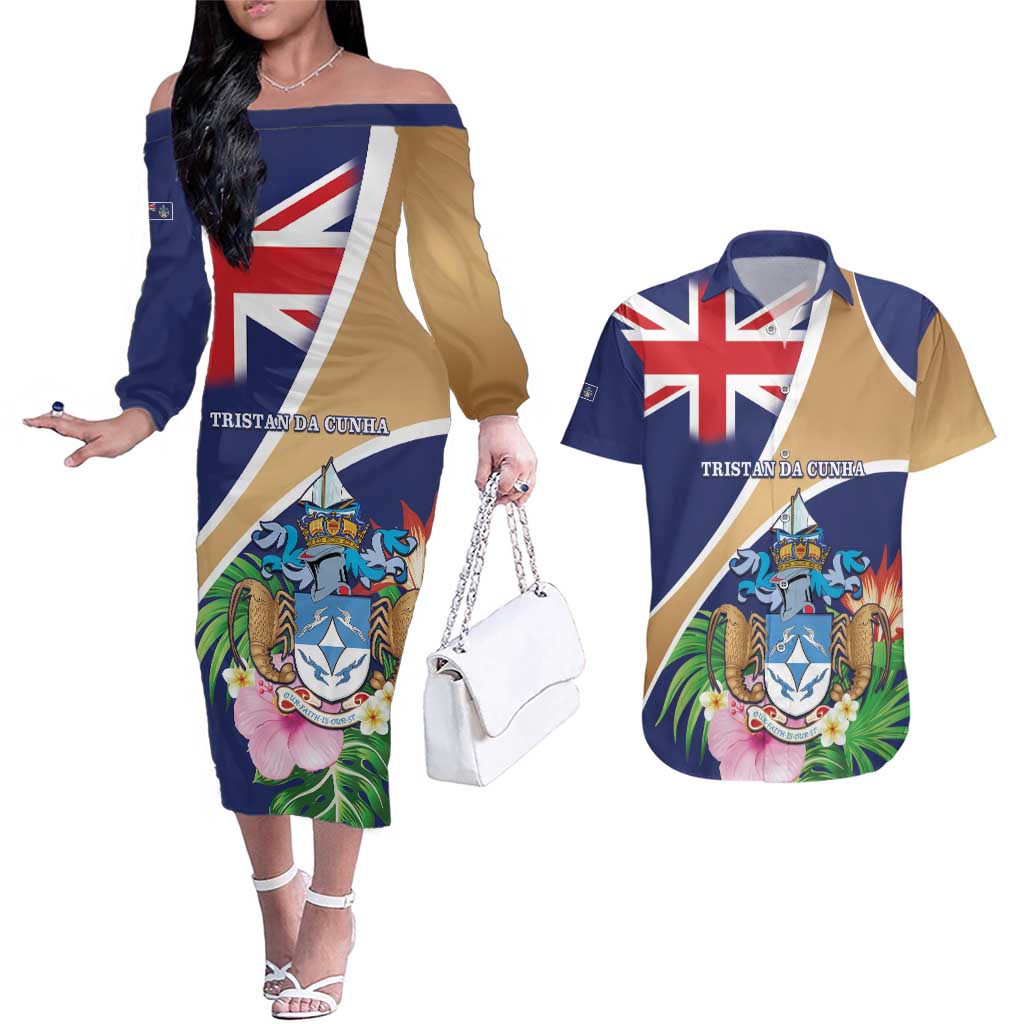 Personalized Tristan da Cunha Couples Matching Off The Shoulder Long Sleeve Dress and Hawaiian Shirt Coat Of Arms - Flag Style