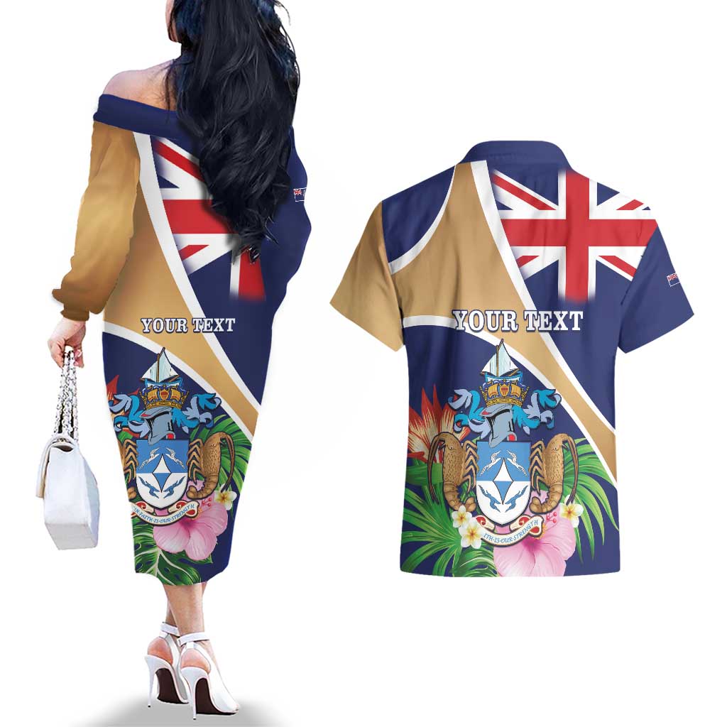 Personalized Tristan da Cunha Couples Matching Off The Shoulder Long Sleeve Dress and Hawaiian Shirt Coat Of Arms - Flag Style