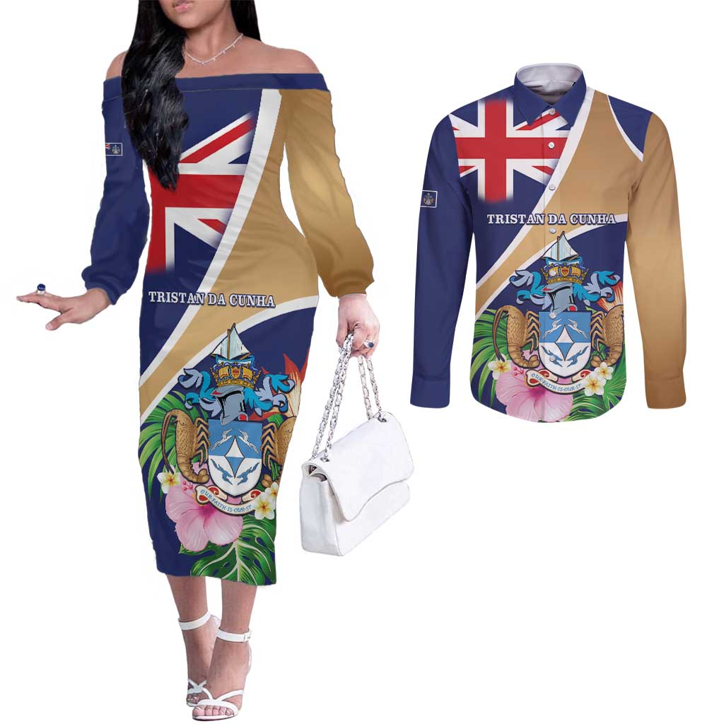 Personalized Tristan da Cunha Couples Matching Off The Shoulder Long Sleeve Dress and Long Sleeve Button Shirt Coat Of Arms - Flag Style