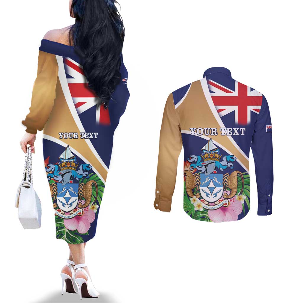 Personalized Tristan da Cunha Couples Matching Off The Shoulder Long Sleeve Dress and Long Sleeve Button Shirt Coat Of Arms - Flag Style