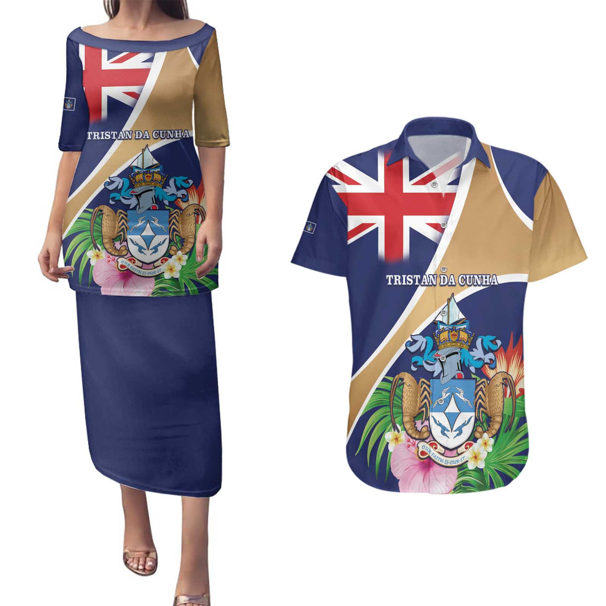 Personalized Tristan da Cunha Couples Matching Puletasi and Hawaiian Shirt Coat Of Arms - Flag Style