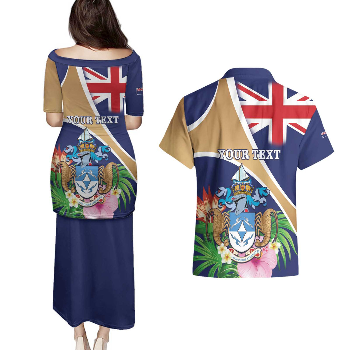 Personalized Tristan da Cunha Couples Matching Puletasi and Hawaiian Shirt Coat Of Arms - Flag Style