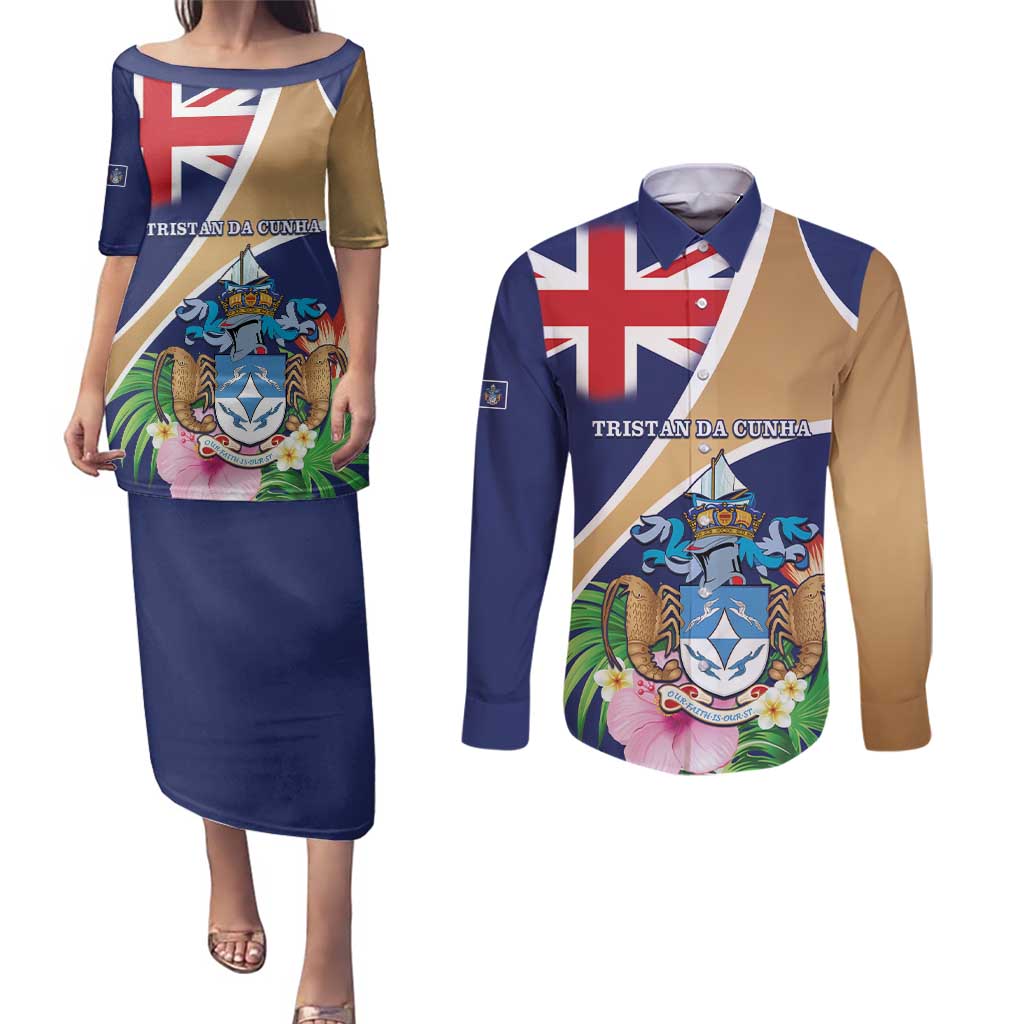 Personalized Tristan da Cunha Couples Matching Puletasi and Long Sleeve Button Shirt Coat Of Arms - Flag Style