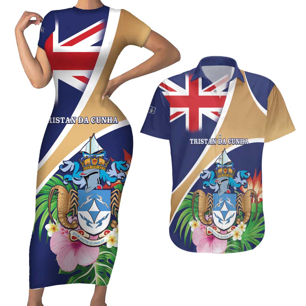 Personalized Tristan da Cunha Couples Matching Short Sleeve Bodycon Dress and Hawaiian Shirt Coat Of Arms - Flag Style