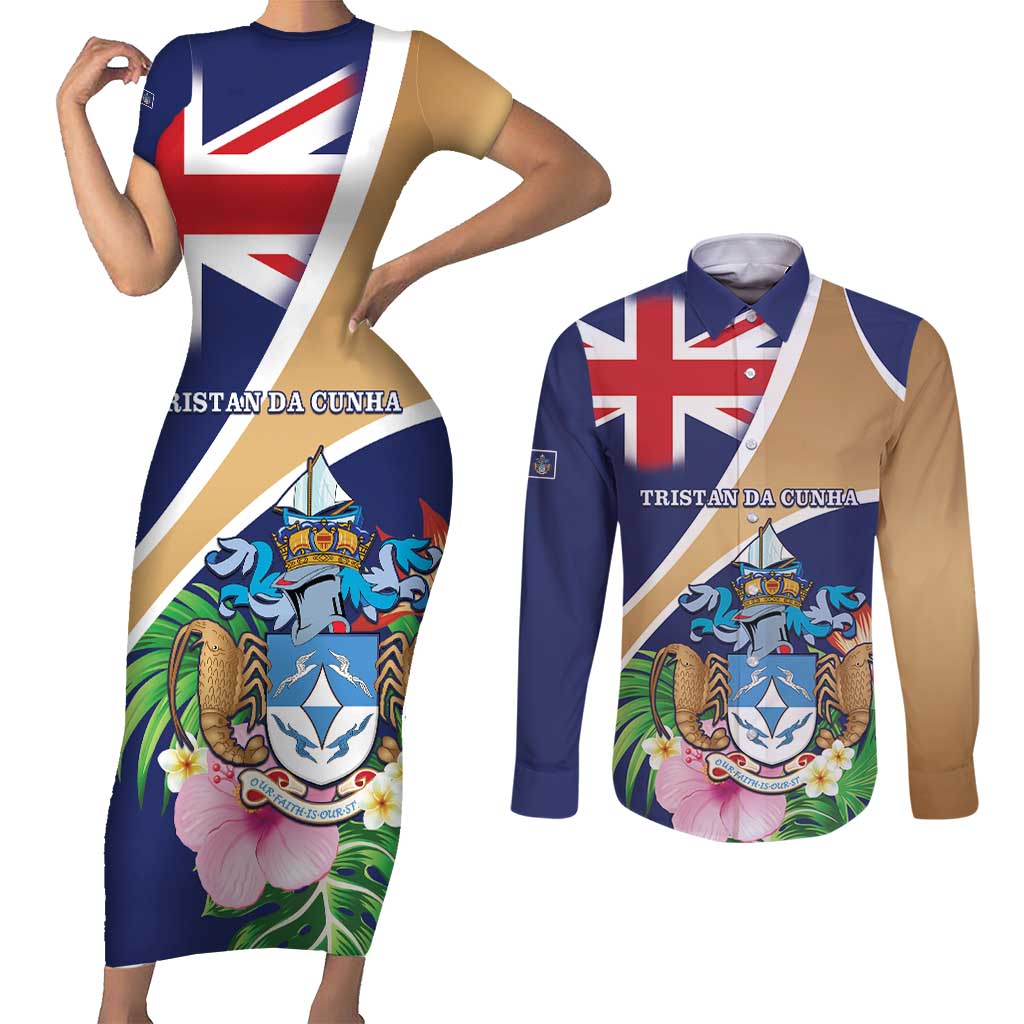 Personalized Tristan da Cunha Couples Matching Short Sleeve Bodycon Dress and Long Sleeve Button Shirt Coat Of Arms - Flag Style