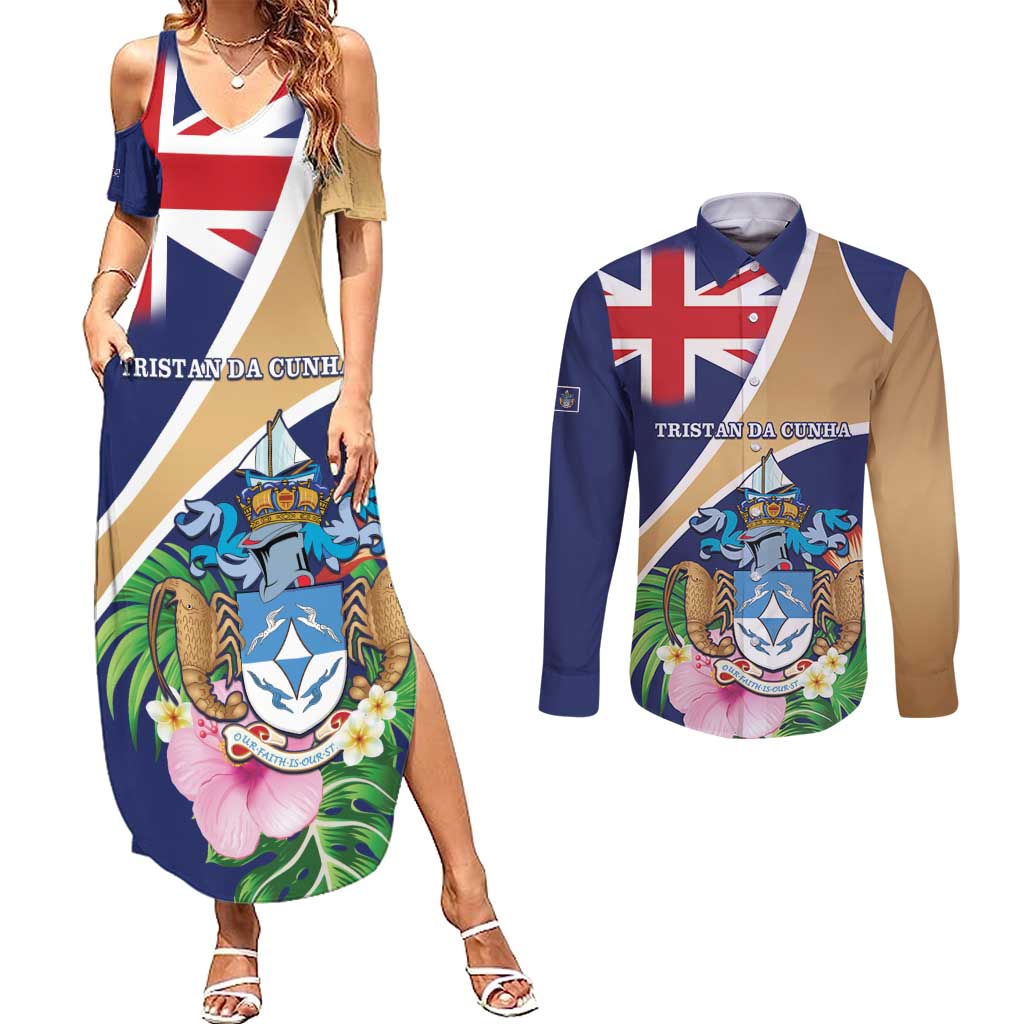 Personalized Tristan da Cunha Couples Matching Summer Maxi Dress and Long Sleeve Button Shirt Coat Of Arms - Flag Style