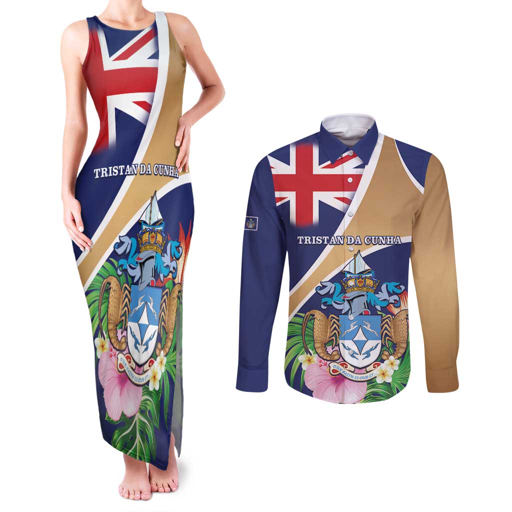 Personalized Tristan da Cunha Couples Matching Tank Maxi Dress and Long Sleeve Button Shirt Coat Of Arms - Flag Style