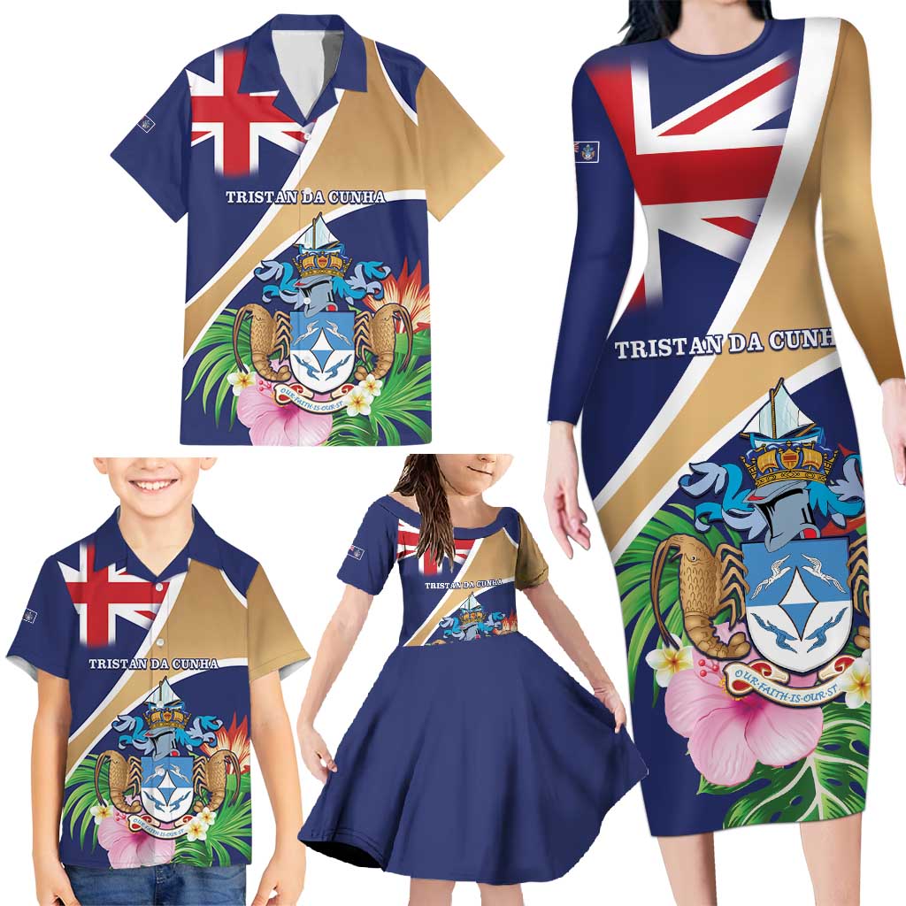 Personalized Tristan da Cunha Family Matching Long Sleeve Bodycon Dress and Hawaiian Shirt Coat Of Arms - Flag Style