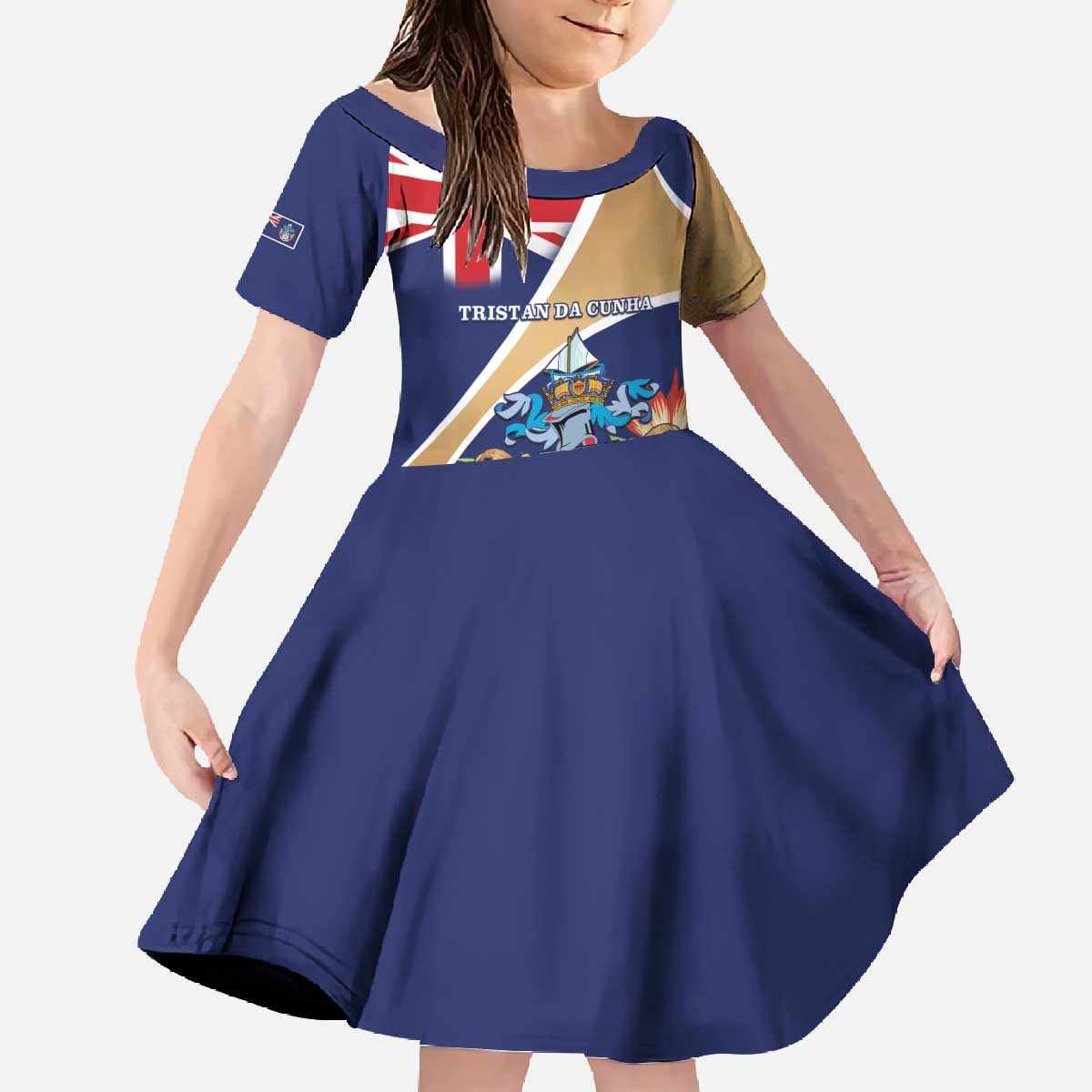 Personalized Tristan da Cunha Family Matching Off The Shoulder Long Sleeve Dress and Hawaiian Shirt Coat Of Arms - Flag Style