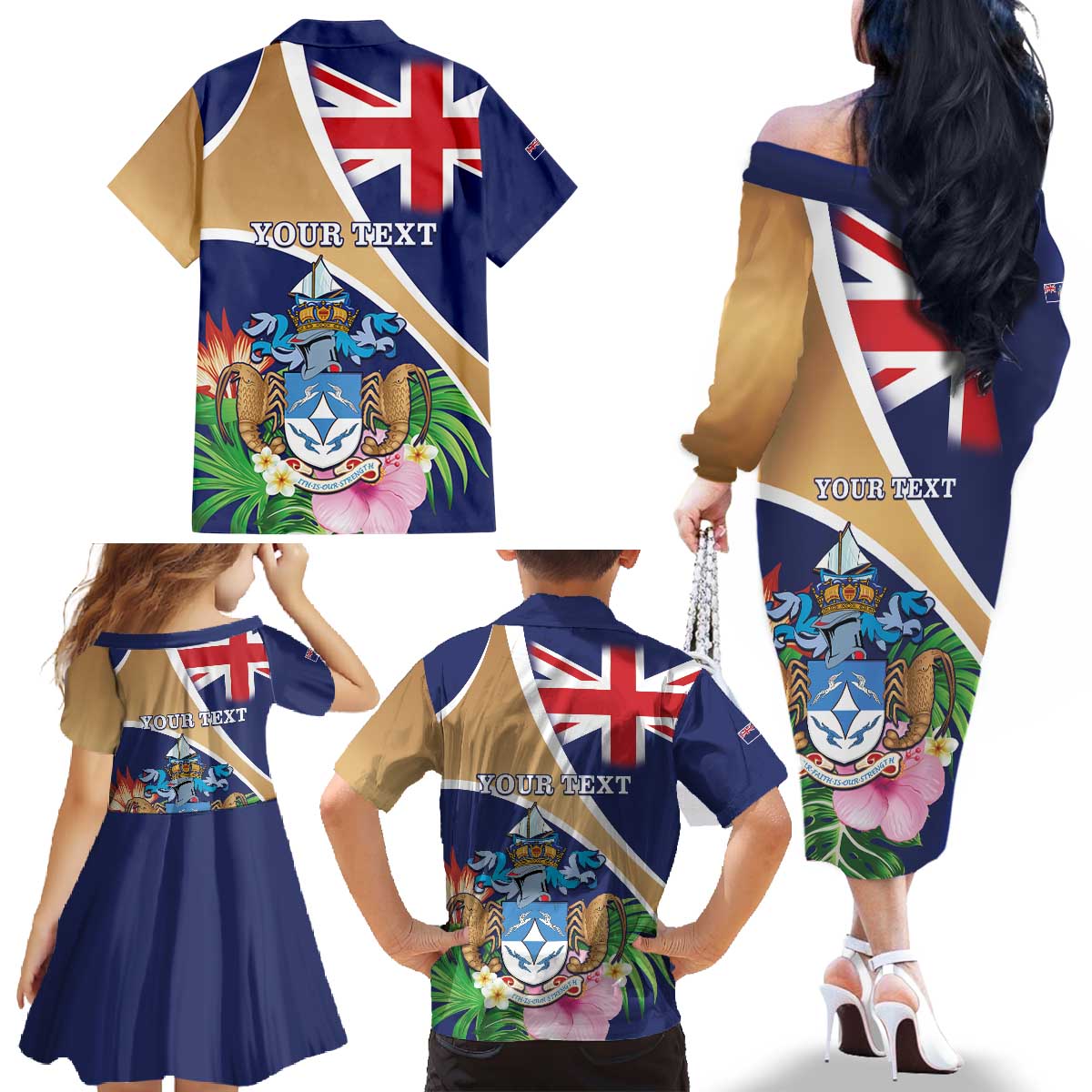 Personalized Tristan da Cunha Family Matching Off The Shoulder Long Sleeve Dress and Hawaiian Shirt Coat Of Arms - Flag Style