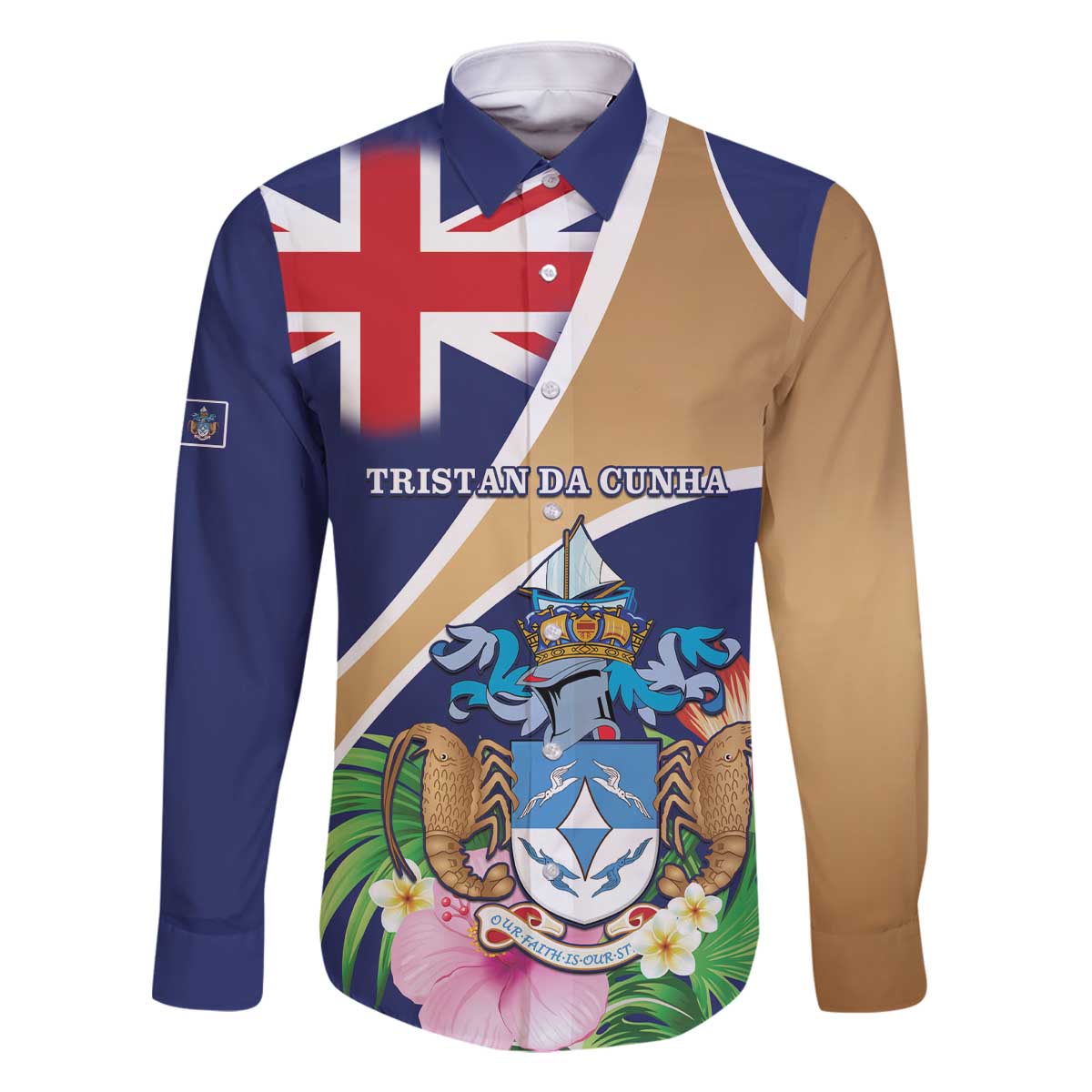 Personalized Tristan da Cunha Family Matching Off The Shoulder Long Sleeve Dress and Hawaiian Shirt Coat Of Arms - Flag Style