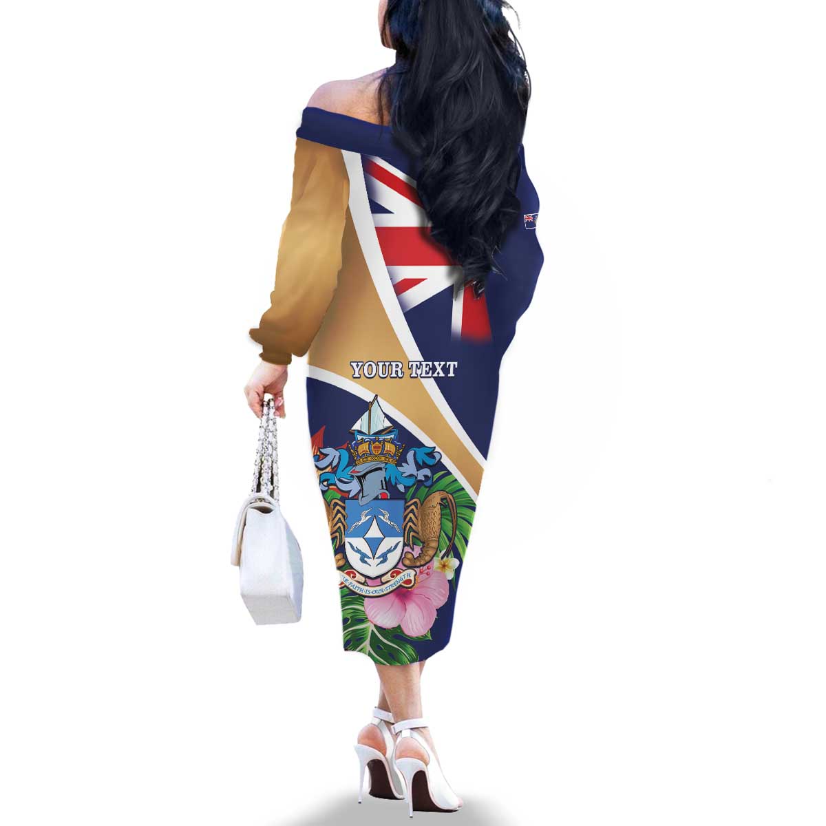 Personalized Tristan da Cunha Family Matching Off The Shoulder Long Sleeve Dress and Hawaiian Shirt Coat Of Arms - Flag Style