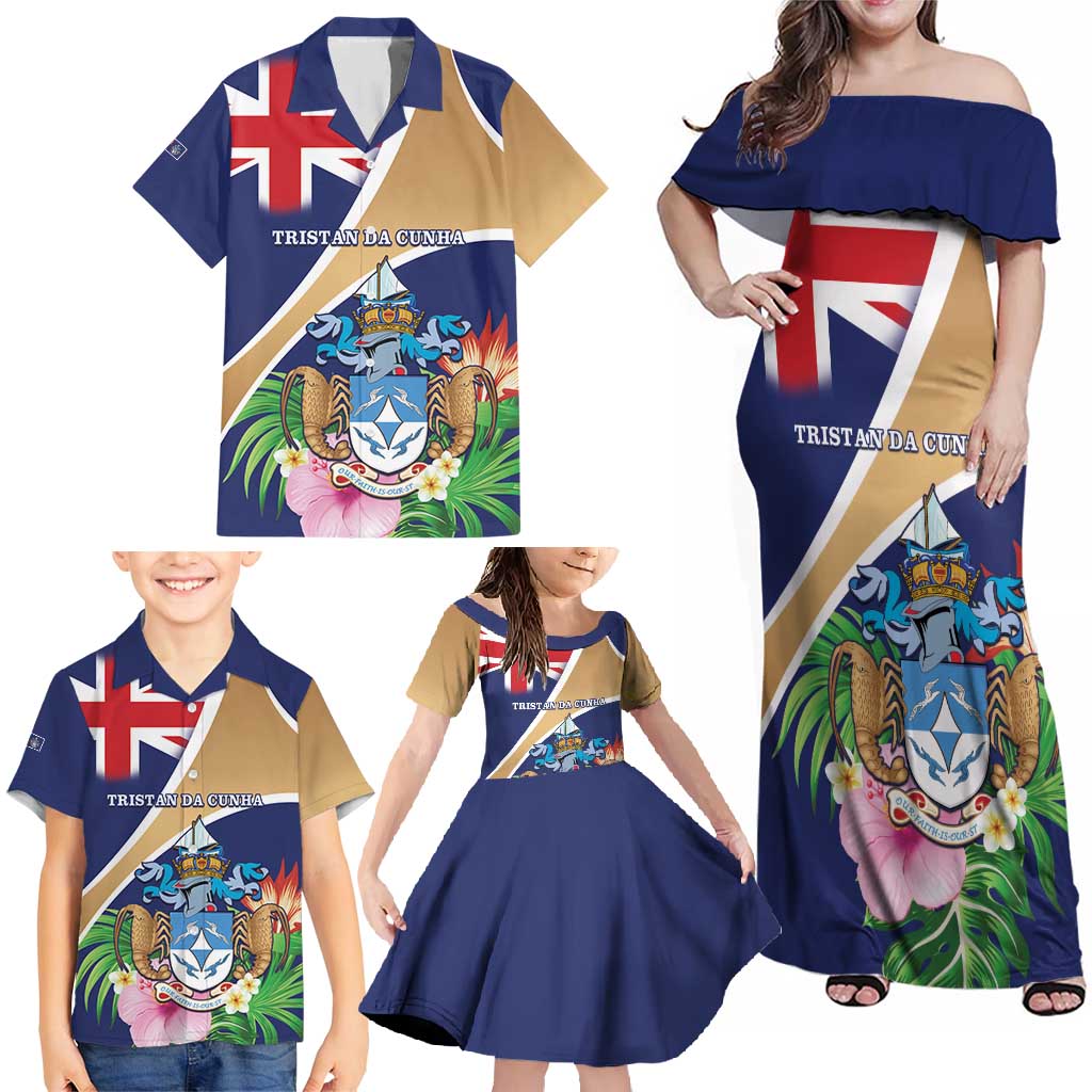 Personalized Tristan da Cunha Family Matching Off Shoulder Maxi Dress and Hawaiian Shirt Coat Of Arms - Flag Style