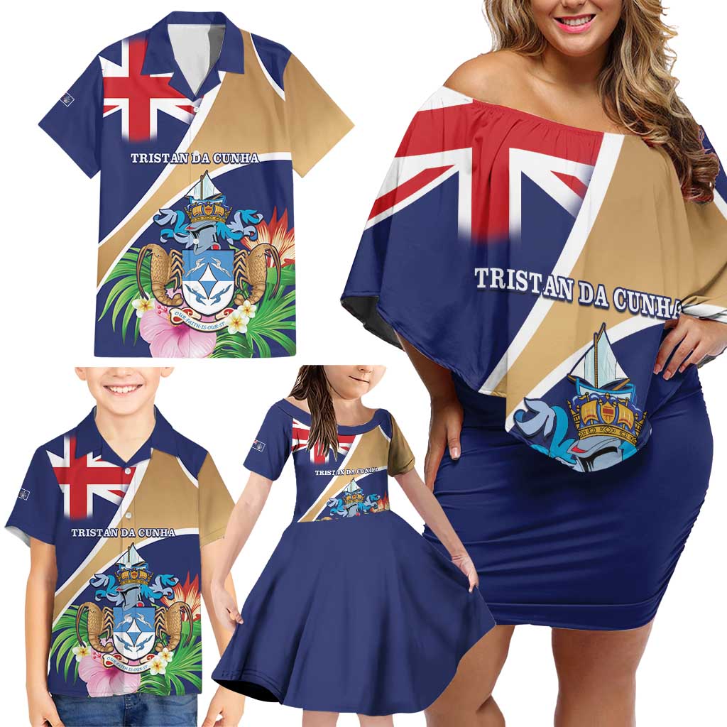 Personalized Tristan da Cunha Family Matching Off Shoulder Short Dress and Hawaiian Shirt Coat Of Arms - Flag Style