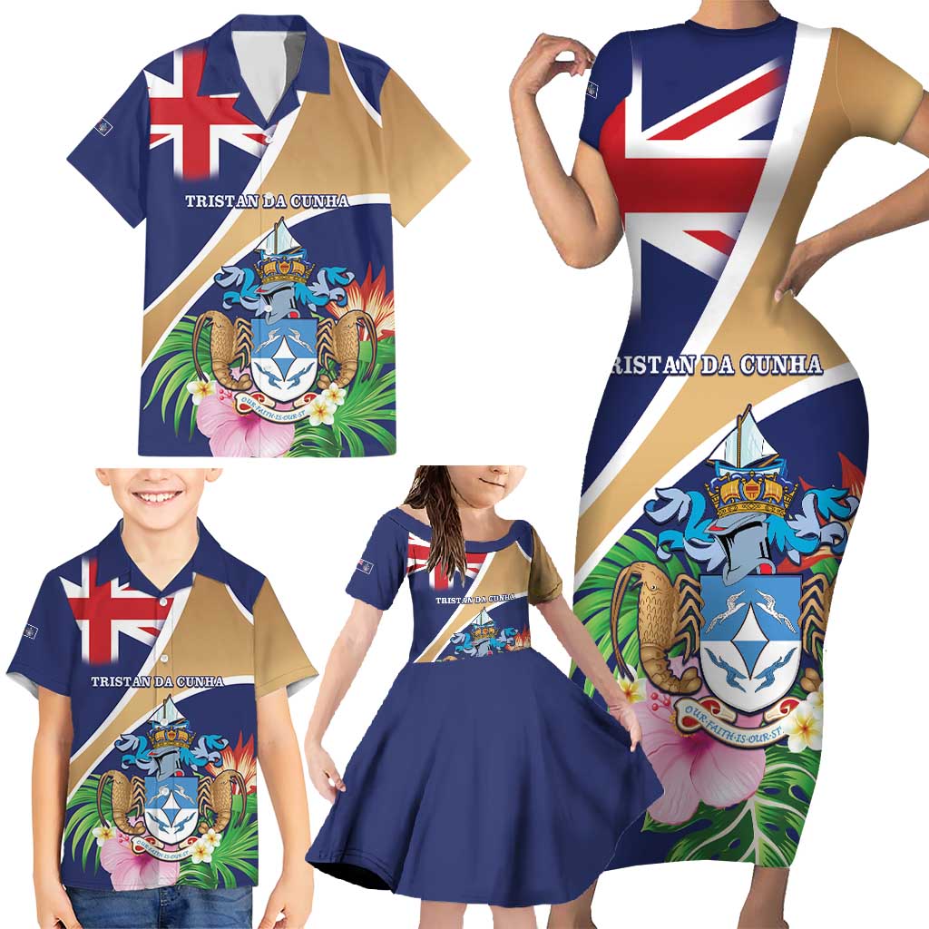 Personalized Tristan da Cunha Family Matching Short Sleeve Bodycon Dress and Hawaiian Shirt Coat Of Arms - Flag Style