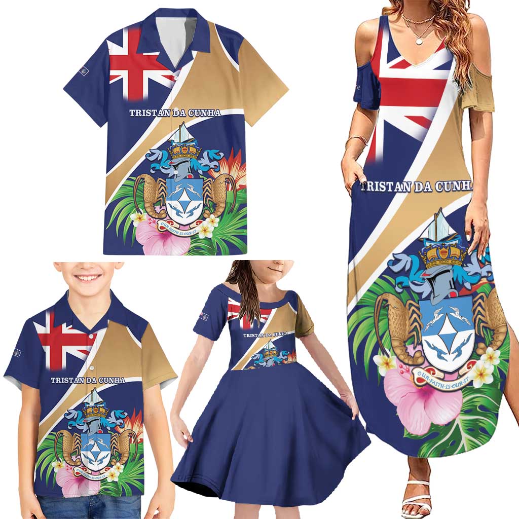 Personalized Tristan da Cunha Family Matching Summer Maxi Dress and Hawaiian Shirt Coat Of Arms - Flag Style