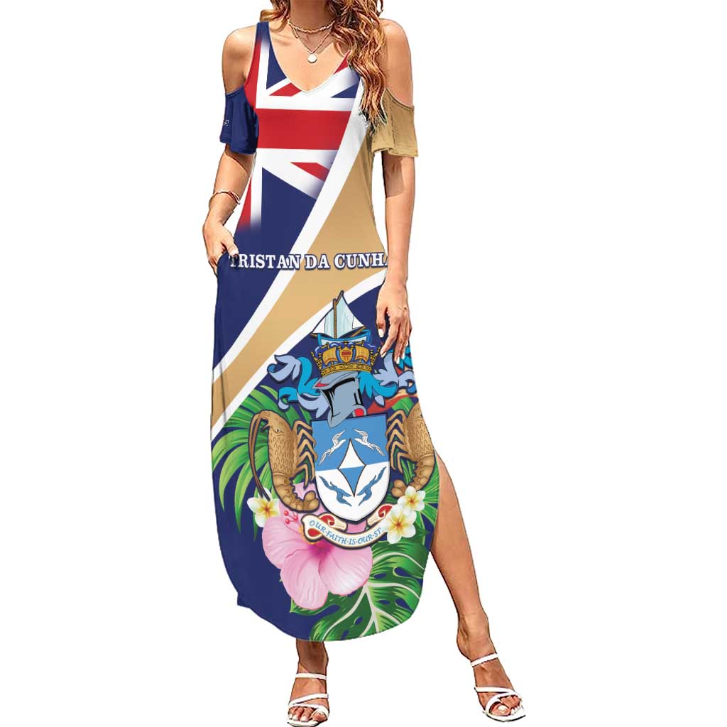 Personalized Tristan da Cunha Family Matching Summer Maxi Dress and Hawaiian Shirt Coat Of Arms - Flag Style