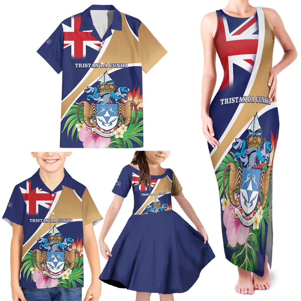 Personalized Tristan da Cunha Family Matching Tank Maxi Dress and Hawaiian Shirt Coat Of Arms - Flag Style