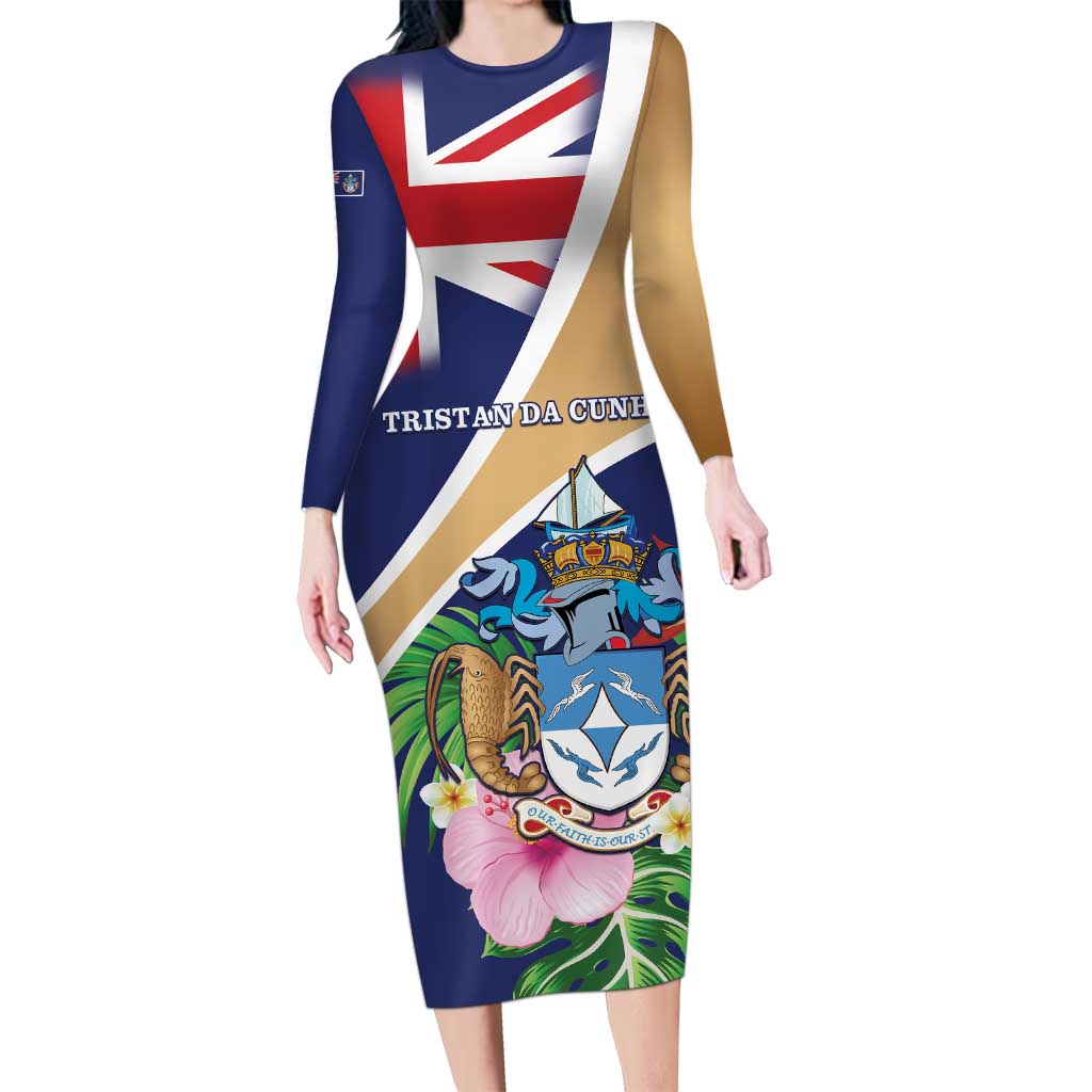 Personalized Tristan da Cunha Long Sleeve Bodycon Dress Coat Of Arms - Flag Style