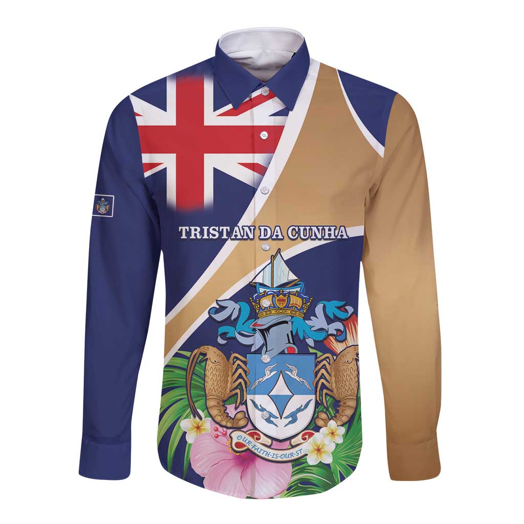 Personalized Tristan da Cunha Long Sleeve Button Shirt Coat Of Arms - Flag Style