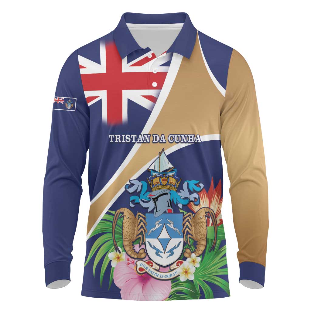 Personalized Tristan da Cunha Long Sleeve Polo Shirt Coat Of Arms - Flag Style