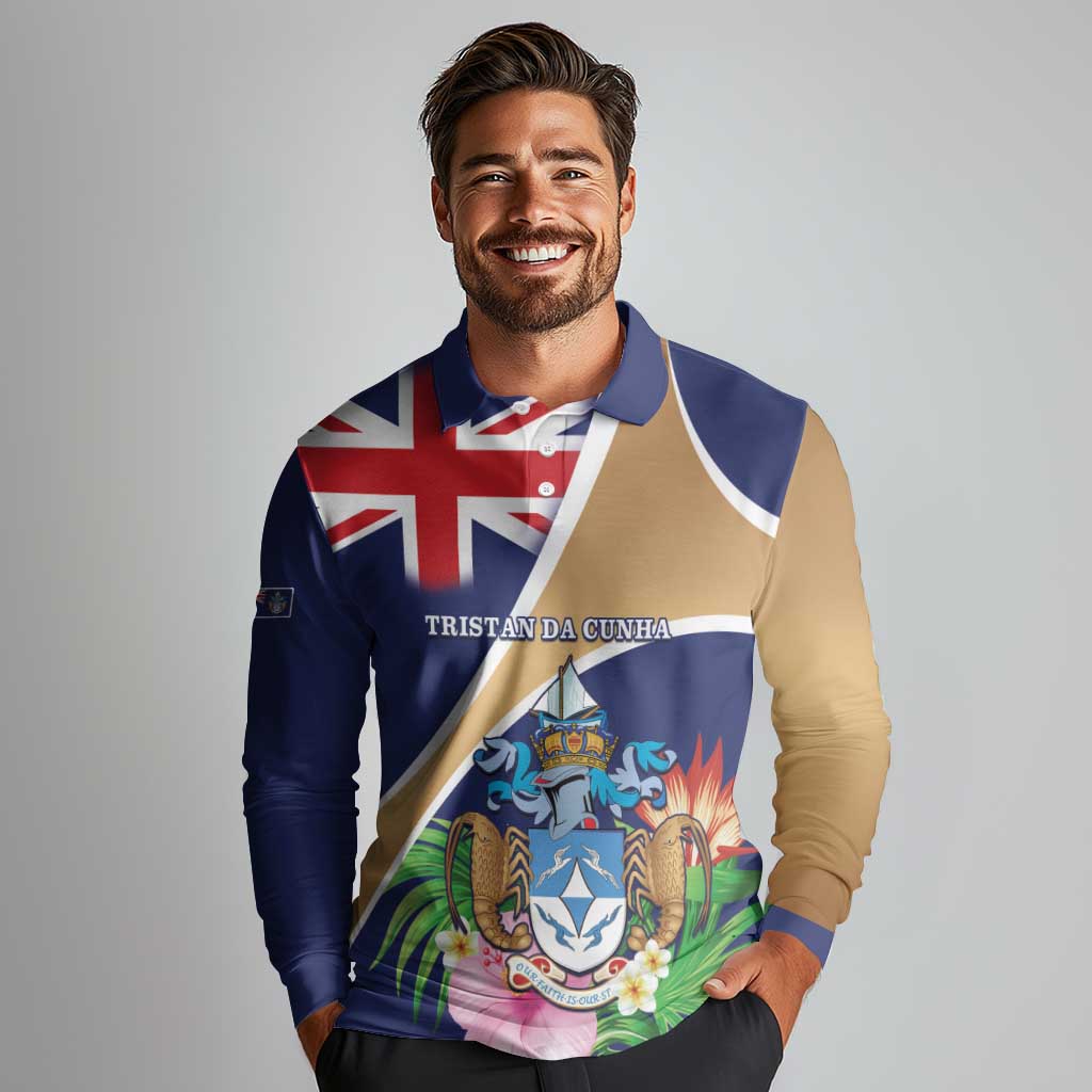 Personalized Tristan da Cunha Long Sleeve Polo Shirt Coat Of Arms - Flag Style