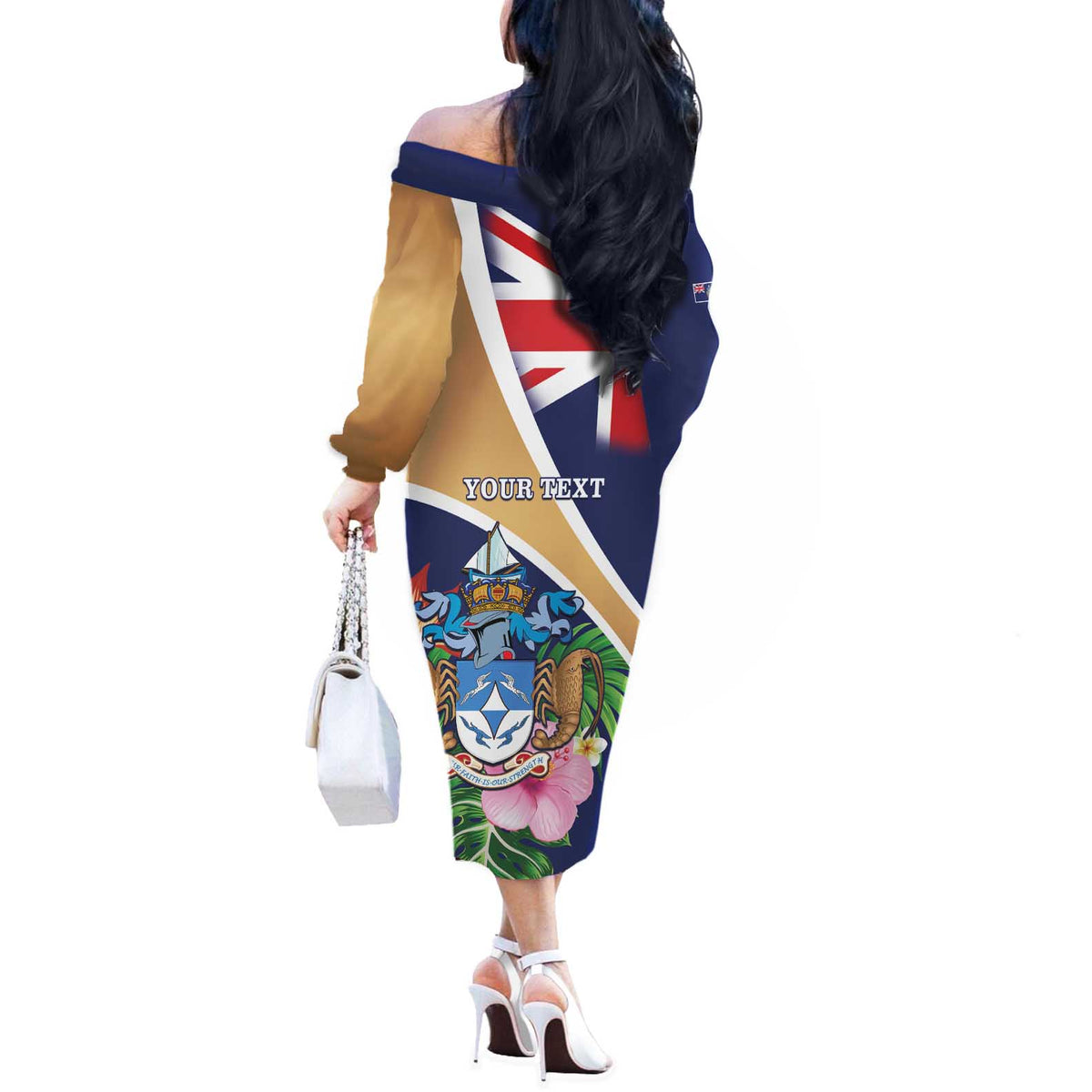 Personalized Tristan da Cunha Off The Shoulder Long Sleeve Dress Coat Of Arms - Flag Style