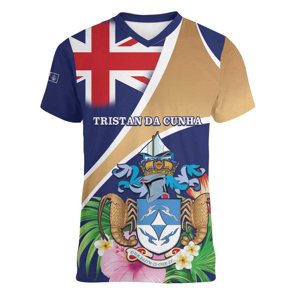 Personalized Tristan da Cunha Women V-Neck T-Shirt Coat Of Arms - Flag Style