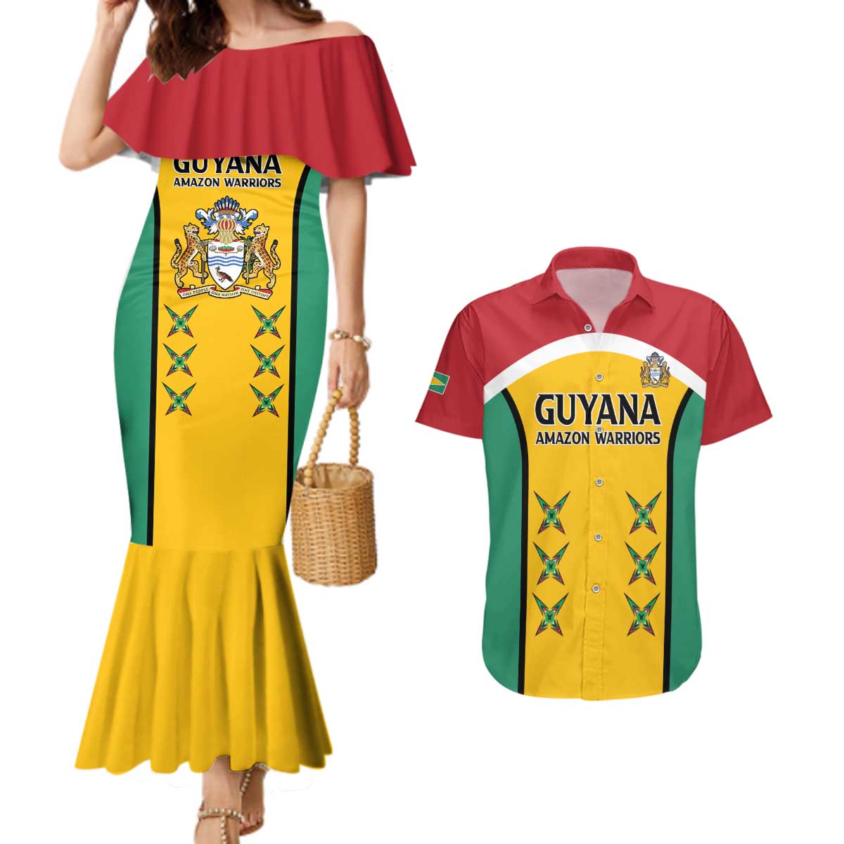 Custom Guyana Cricket Couples Matching Mermaid Dress and Hawaiian Shirt Come On Amazon Warriors