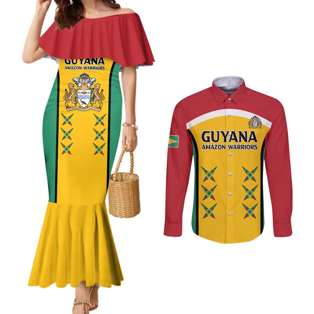 Custom Guyana Cricket Couples Matching Mermaid Dress and Long Sleeve Button Shirt Come On Amazon Warriors