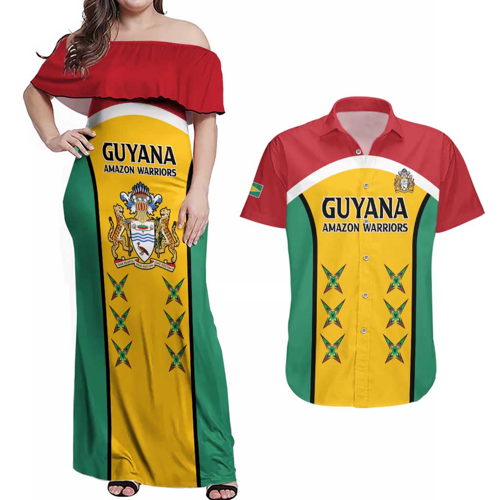 Custom Guyana Cricket Couples Matching Off Shoulder Maxi Dress and Hawaiian Shirt Come On Amazon Warriors